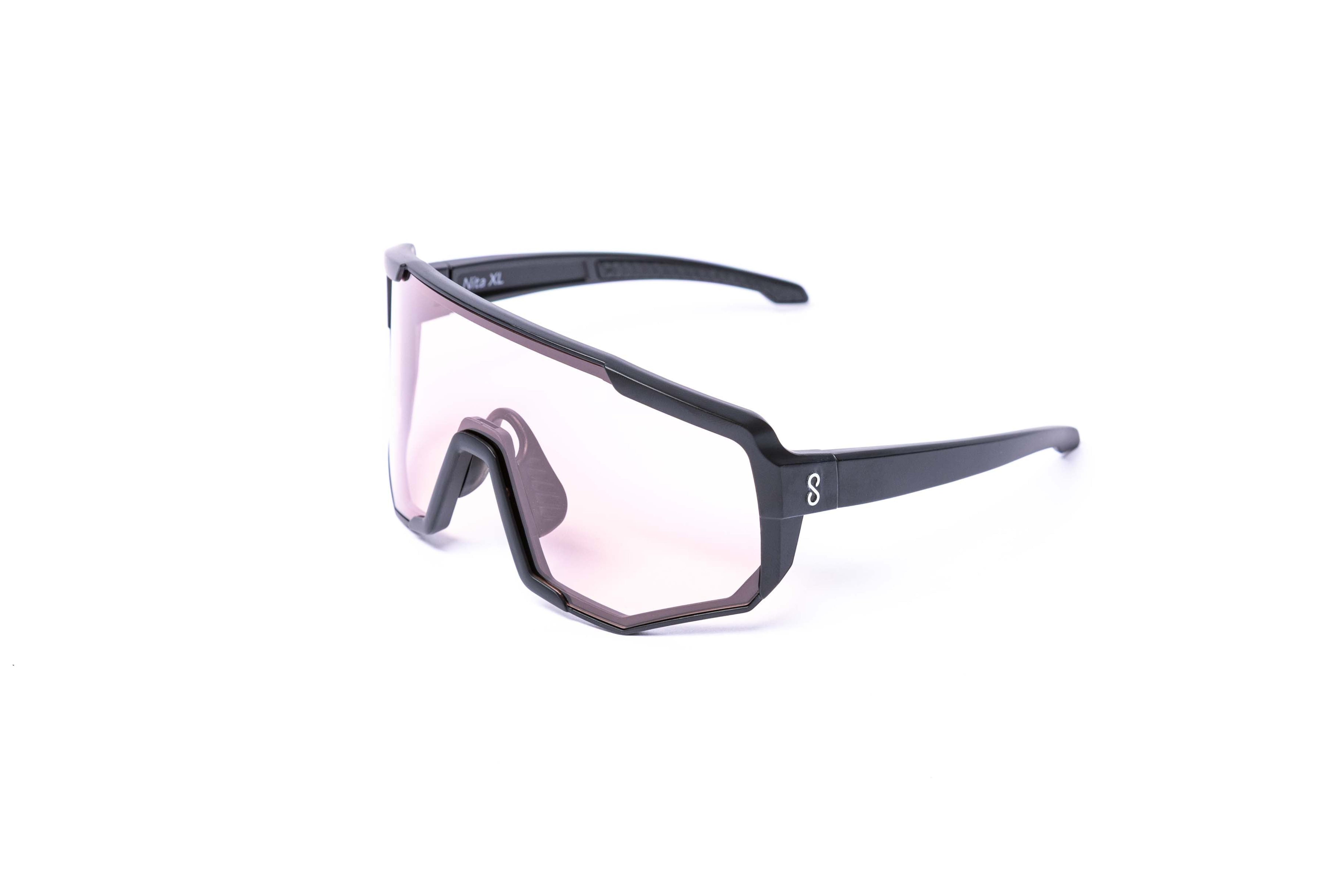Coast Optics Nita XL Mountain Bike Glasses Sunglasses with a black frame and pink lenses on a white background
