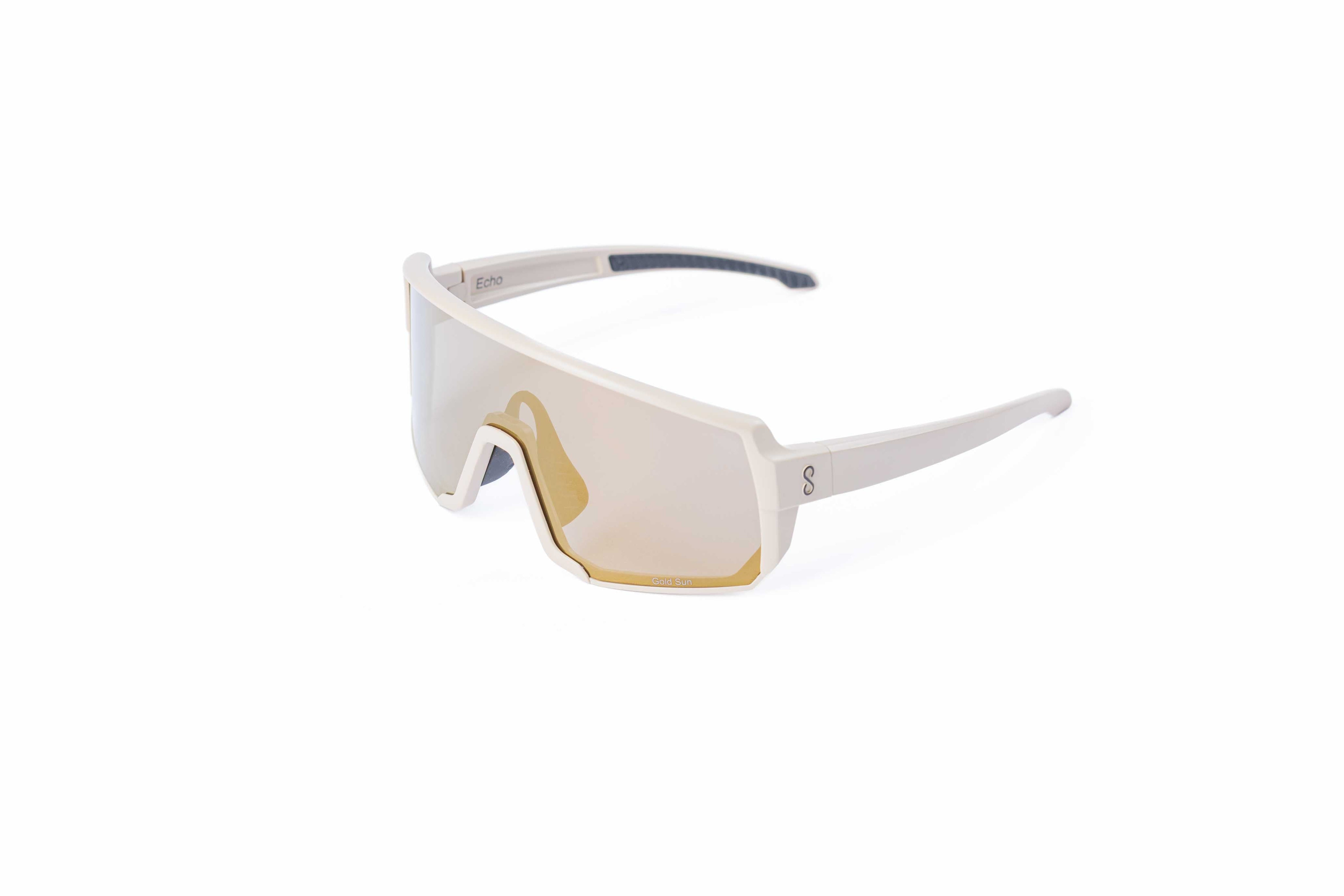Small size cream sunglasses with an interchangeable gold lens on a white background