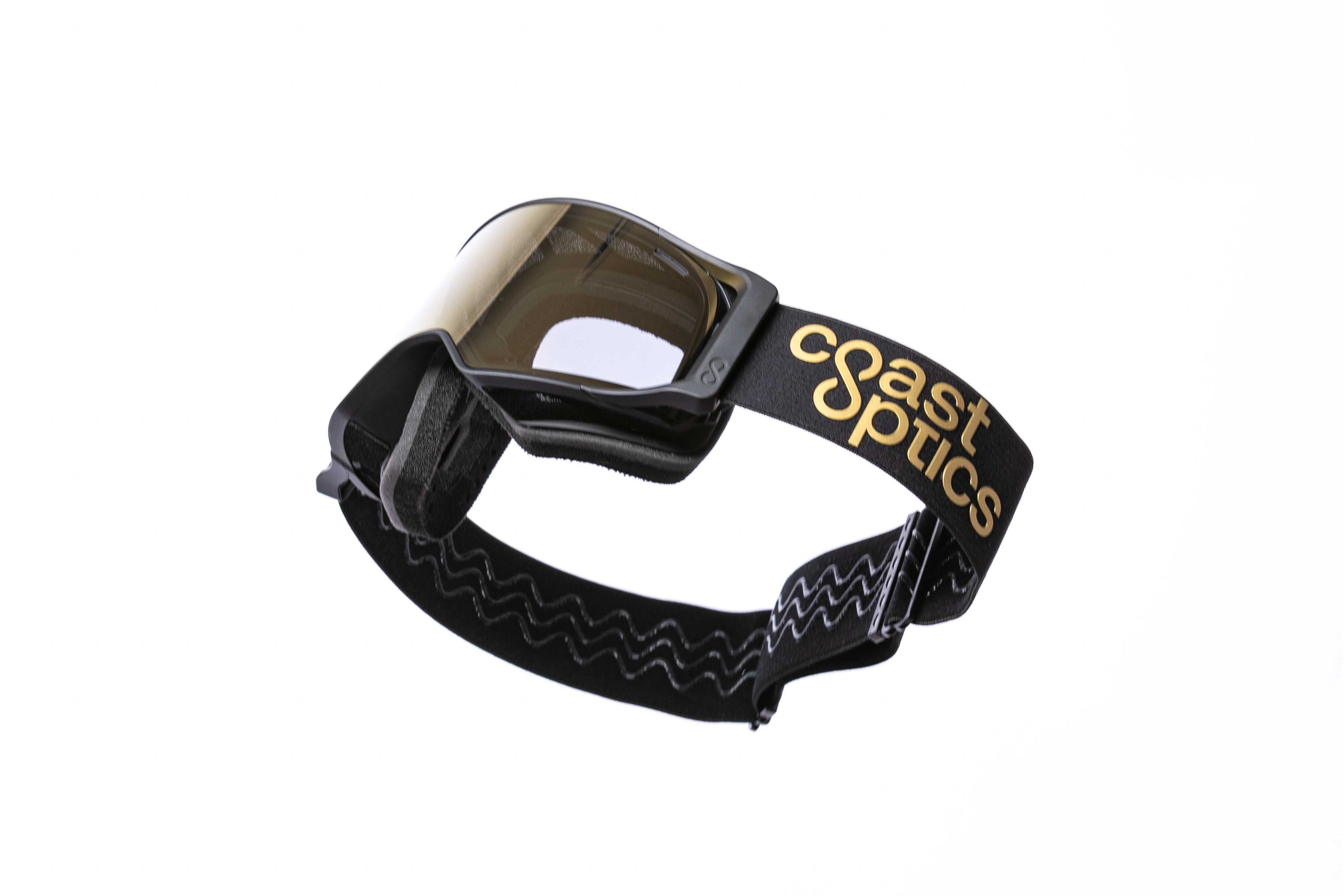 Black strap with a gold logo and 'coast optics' branding on a white background