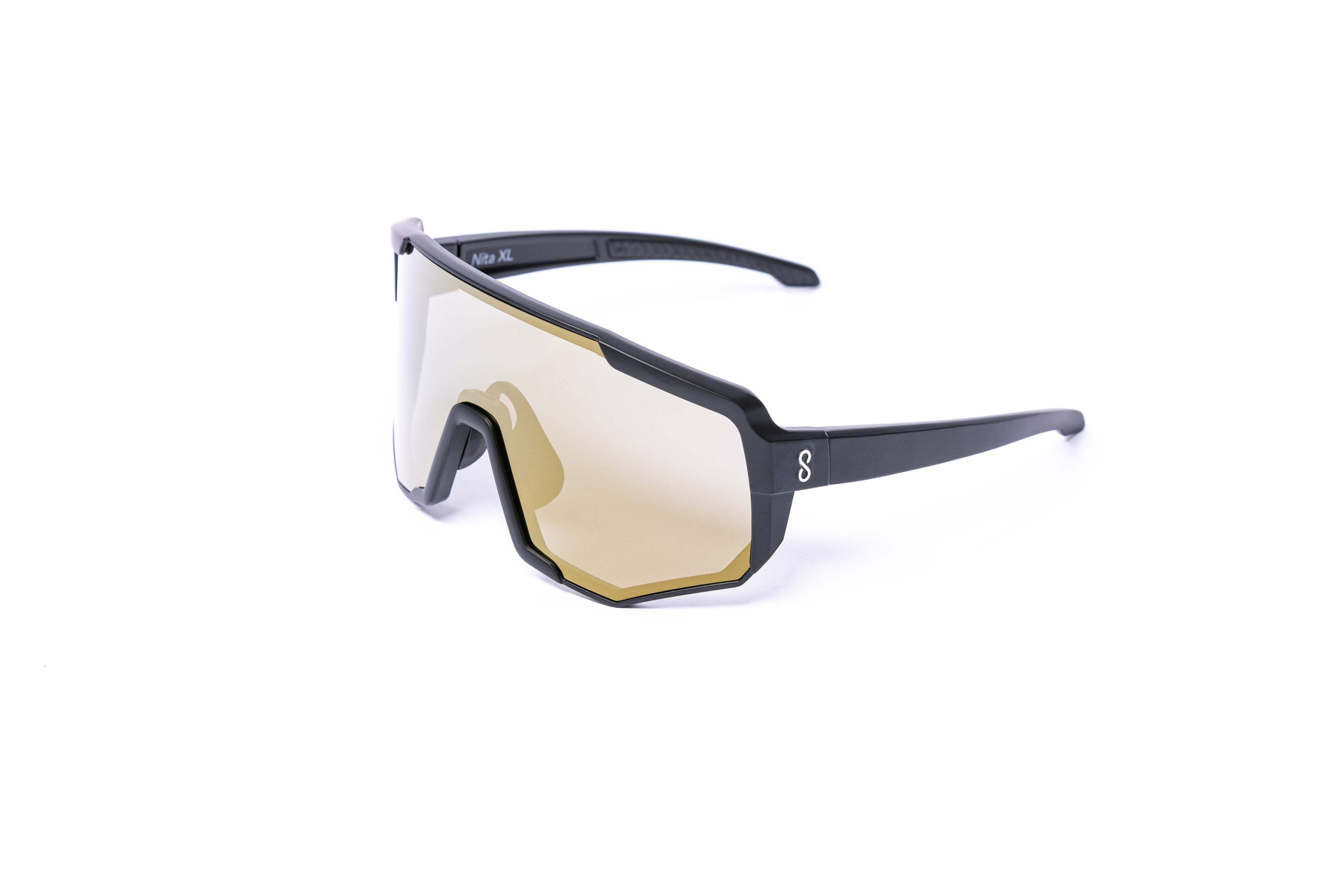 Coast Optics Nita XL Mountain Bike Glasses Sunglasses with a black frame and gold lenses on a white background