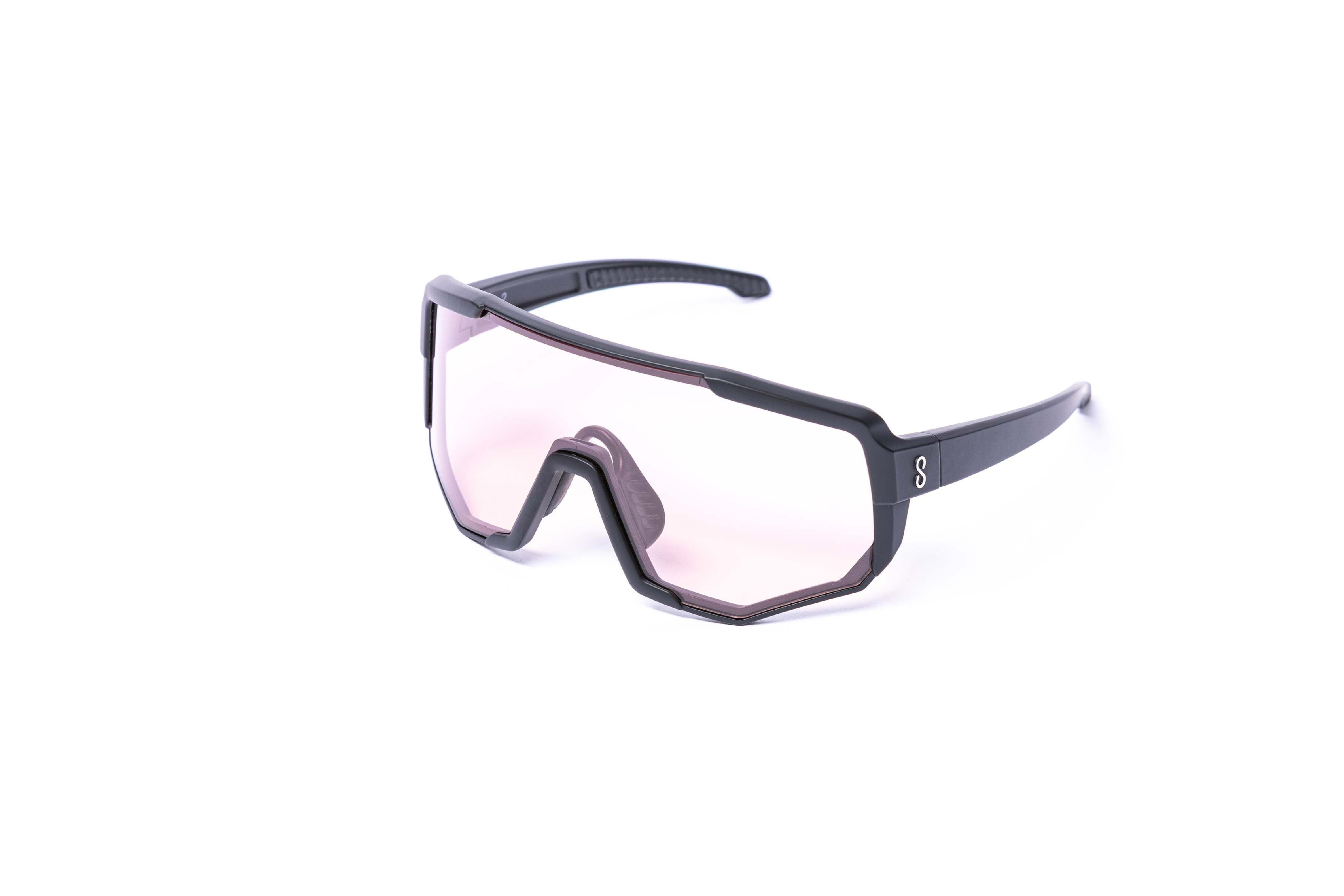 Coast Optics Mountain Bike Glasses Sunglasses with a black frame and pink-tinted lenses on a white background